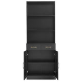 English Elm Bathroom Storage Cabinet, Cabinet With Two Doors and Drawers, Adjustable Shelf, Three-Layer Open Shelf, Mdf Board, Black