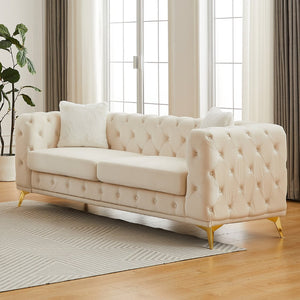 English Elm Fx Chesterfield Velvet Sofa with Diamond Tufting Polished Legs and Accent Pillows Beige W1926S00080