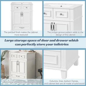 English Elm 24'' Retro Bathroom Vanity Solid Rubberwood Frame Ceramic Sink Soft Close Storage White N710P405405K