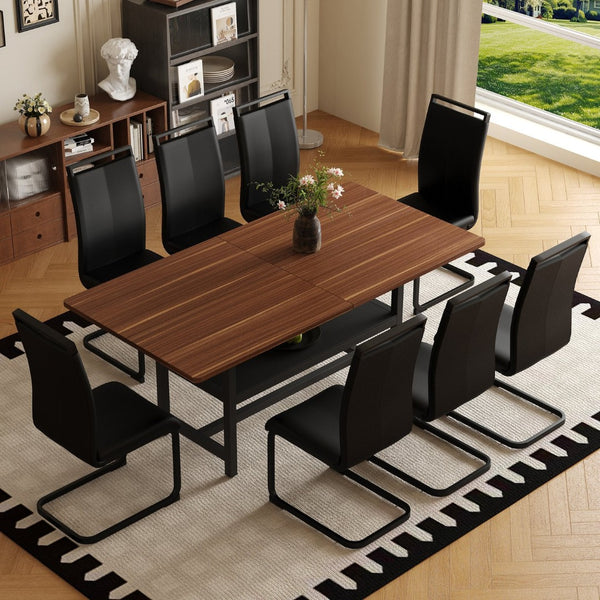 English Elm Table And Chair Set: 71" Walnut Grain Dining Table With 8 Stylish Black Pu Chairs & Storage Shelf W1151S04279-GIGA