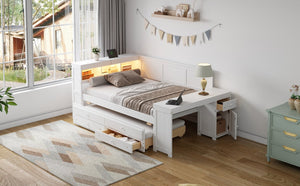 English Elm Full Size Pine Wood Platform Daybed with Led Headboard Desk Storage and Charging White N7090000475K-1