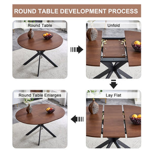 English Elm Extendable Round Dining Table Walnut Grain Top Matte Black Base Seats 4 to 6 W3875S00001