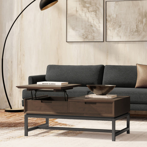 English Elm Banting Walnut Brown Lift Top Coffee Table with Storage, Solid Rubberwood & Metal, Modern Industrial Style B136P203478