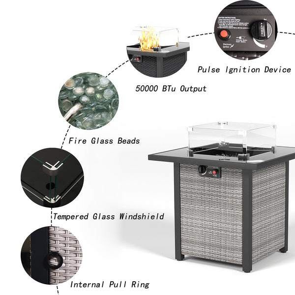 English Elm 28 28 Inch Propane Fire Pit Table with 50,000 BTU Stainless Burner, Rattan Look, Tempered Glass Top & Windscreen Grey+White W861P211924