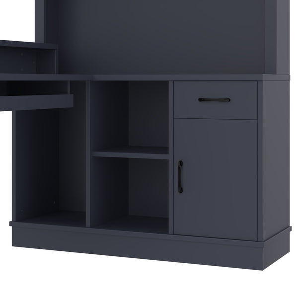 English Elm L-shaped Corner Computer Desk with Built-in Outlets Drawers and Open Shelving Storage W1580S00270