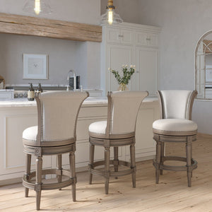 English Elm 26in. Wood High-back Swivel Barstool Farmhouse Style Nailhead Upholstered Kitchen Seat Gray B2751P436432