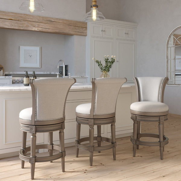 English Elm 26in. Wood High-back Swivel Barstool Farmhouse Style Nailhead Upholstered Kitchen Seat Gray B2751P436432