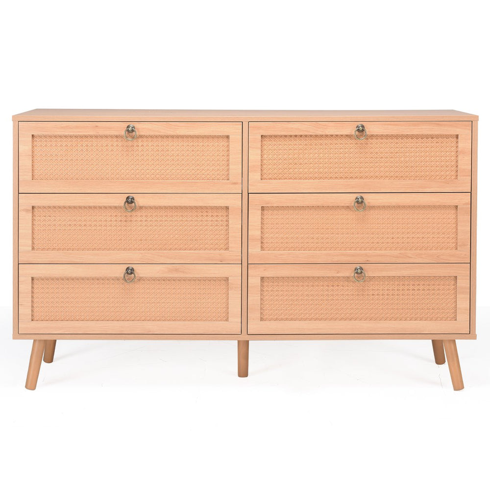 English Elm Rattan 6-Drawer Double Dresser with Handwoven PE Rattan Fronts, Wood Top, Copper Pulls, Spacious Storage Natural T3623P411337