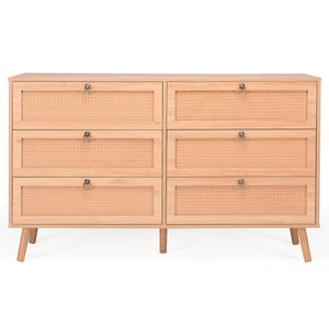 English Elm Rattan 6-Drawer Double Dresser with Handwoven PE Rattan Fronts, Wood Top, Copper Pulls, Spacious Storage Natural T3623P411337