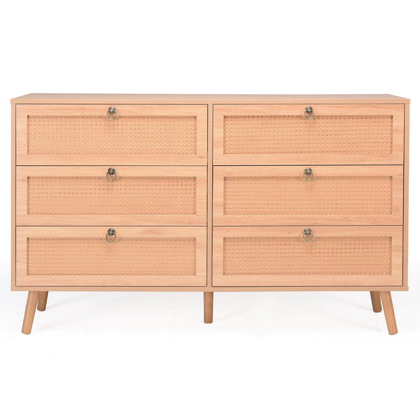 English Elm Rattan 6-Drawer Double Dresser with Handwoven PE Rattan Fronts, Wood Top, Copper Pulls, Spacious Storage Natural T3623P411337