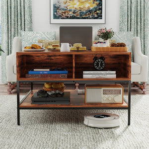 English Elm Farmhouse Flip Top Coffee Table With Hidden Storage – Rustic Wood & Metal Design For Stylish Living Rooms T2398P354184