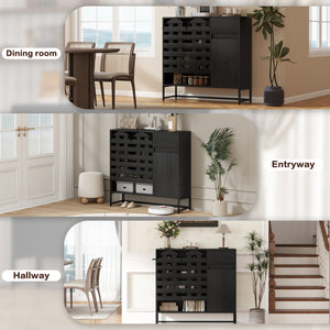 English Elm Buffet Black Woven Arched Door Sideboard with Adjustable Shelves, Metal Legs, Drawer, Entryway-Friendly W2977P338264
