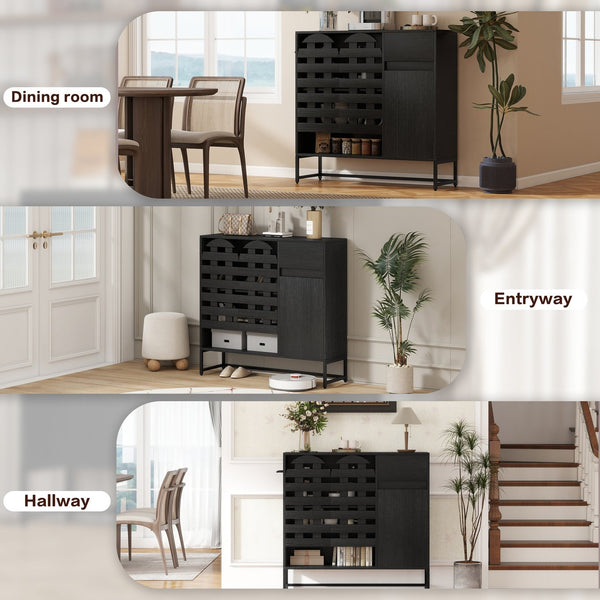 English Elm Buffet Black Woven Arched Door Sideboard with Adjustable Shelves, Metal Legs, Drawer, Entryway-Friendly W2977P338264