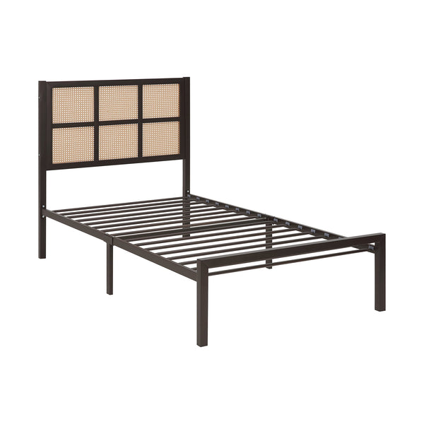 English Elm 1pc Twin Platform Bed with Dark Metal Frame and Faux Cane Panel Headboard, Coastal Casual Design, No Box Spring Needed Bronze 47.25 L x 28 W x 3.75 H B011P214033
