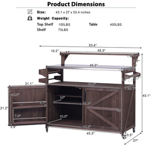 English Elm K&K 53.3" Outdoor Kitchen Island with 1.2" Stainless Top, Spacious Storage, Raised Shelf, Wheels Brown N707P250628Z