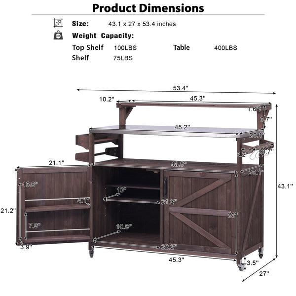 English Elm K&K 53.3" Outdoor Kitchen Island with 1.2" Stainless Top, Spacious Storage, Raised Shelf, Wheels Brown N707P250628Z