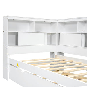 English Elm Twin Daybed with Built-In Shelves, USB Port & Trundle — Solid Pine Frame, Sturdy Storage and Smooth Wheels for Space-Saving Sleep Solutions White GX000467AAK