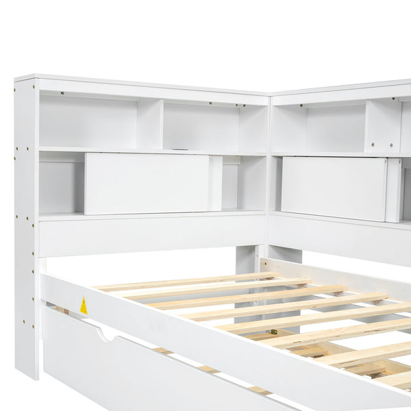 English Elm Twin Daybed with Built-In Shelves, USB Port & Trundle — Solid Pine Frame, Sturdy Storage and Smooth Wheels for Space-Saving Sleep Solutions White GX000467AAK