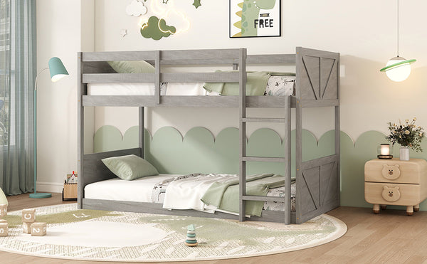 English Elm Twin Twin over Twin Floor Bunk Bed with Rustic Panel Headboards, Solid Rubberwood Frame, Space-Saving Design Antique White W504P263832