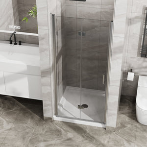 English Elm Goodyo 34"X72" Space-Saving Bifold Frameless Glass Shower Door & White Acrylic Base Combo Set W1223S00020