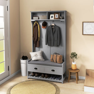 English Elm HOMCOM Entryway Hall Tree with Bench and 5 Double Hooks, Shoe Storage, Anti-Tip Mudroom Organizer Gray W2225P249585