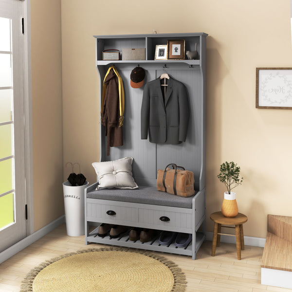 English Elm HOMCOM Entryway Hall Tree with Bench and 5 Double Hooks, Shoe Storage, Anti-Tip Mudroom Organizer Gray W2225P249585