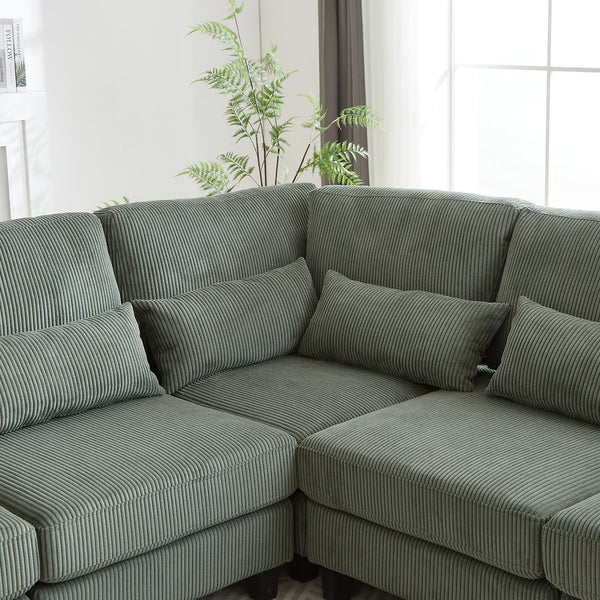 English Elm 102.75*102.75" L-Shaped Modular Sectional Sofa with Corduroy Upholstery, Storage Arm, Cup Holder, 5-Seat Convertible Lounge Green W1926S00054