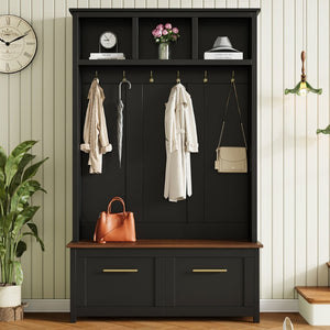 English Elm On-trend Entryway Hall Tree with Gold Hooks Bench Drawers and Shoe Cabinet Storage Black N721S000056B-1