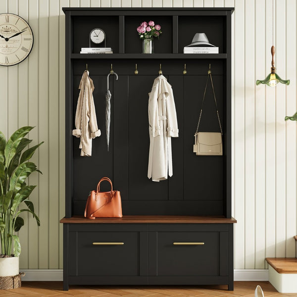 English Elm On-trend Entryway Hall Tree with Gold Hooks Bench Drawers and Shoe Cabinet Storage Black N721S000056B-1