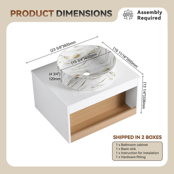 English Elm 24" Floating Bathroom Vanity White Oak Open Shelf Ceramic Vessel Sink Modern Bath W3450S00053