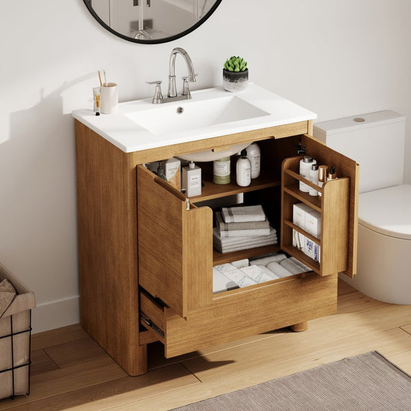 English Elm [video] 30 Inch Freestanding Bathroom Vanity Pine Legs Ceramic Sink Soft Close Storage Natural N759P412928N
