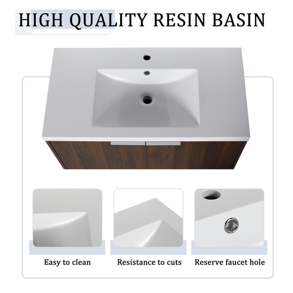 English Elm 84 Inch Wall Mounted Vanity with Dual Resin Sinks, Soft Close Doors, Metal Handles, Ample Storage Space California Walnut W999S00191