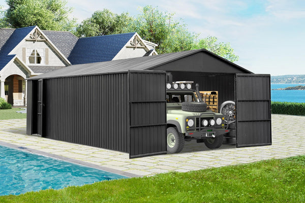 English Elm 12x25ft Outdoor Steel Carport Heavy Duty Shelter with Lockable Doors Wind Rated W1859P364961
