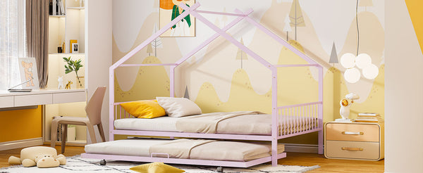 English Elm Twin House Metal Platform Bed with Trundle for Kids — Sturdy 350lb Capacity, Playful Loft Frame Design Pink MF323494AAH