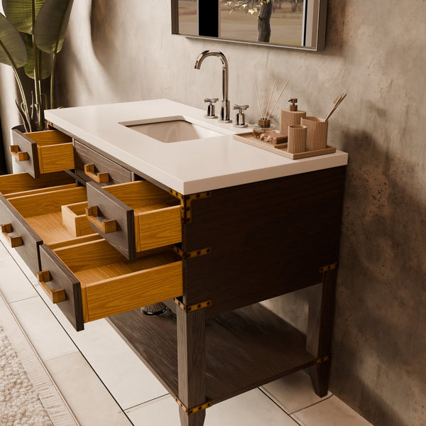 English Elm Brown Oak Single Bath Vanity With Cultured Marble Top & Coordinating Mirror - Stylish Storage Solution B2731S01524