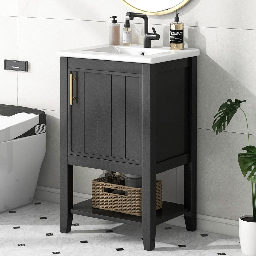 English Elm 20" Matte Freestanding Bathroom Vanity Rubberwood Cabinet Ceramic Sink Open Shelf Black N725P391115B