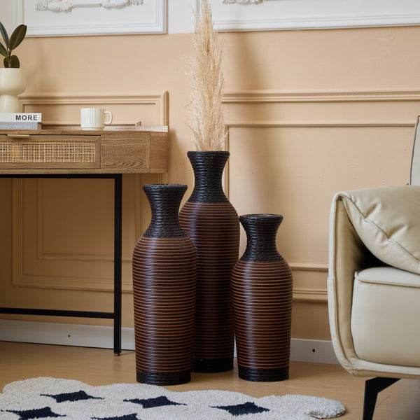 English Elm Desktop PVC Vase Set of 3 Decorative Tall Floor and Table Vases—Modern Durable Artful Accents for Home Black+Brown W2796P261490