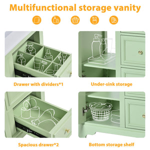 English Elm 30-Inch elegant bathroom vanity with ceramic basin, soft-close drawers, adjustable shelves, durable finish Green N729P176237L