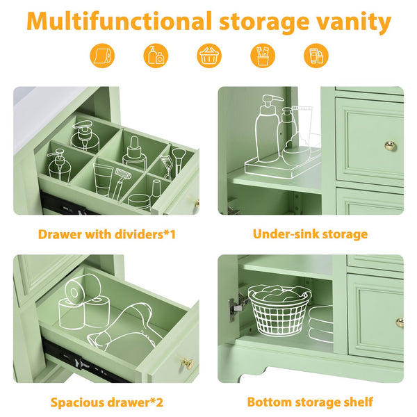 English Elm 30-Inch elegant bathroom vanity with ceramic basin, soft-close drawers, adjustable shelves, durable finish Green N729P176237L