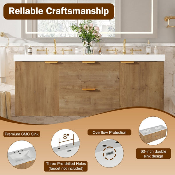 English Elm [video]59.3 Inch Wall Mounted Double Sink Vanity Wood Grain Mdf Soft Close Storage N729P000027N