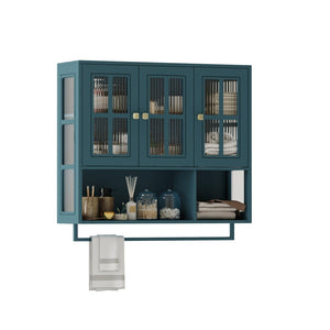 English Elm Bathroom Wall Cabinet Fluted Glass Doors Open Shelf Towel Bar Dark Green Mdf W757P400531