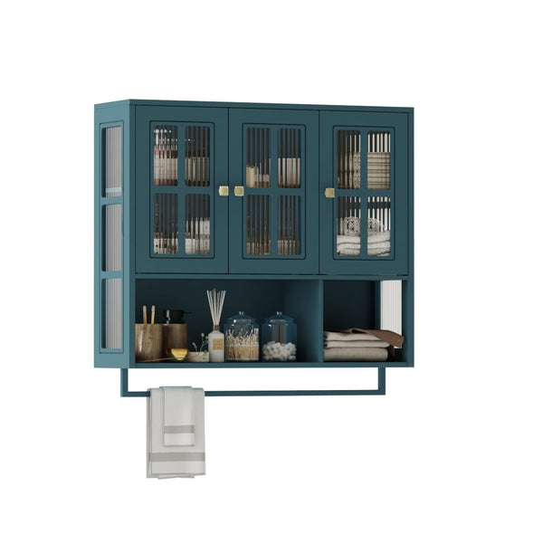 English Elm Bathroom Wall Cabinet Fluted Glass Doors Open Shelf Towel Bar Dark Green Mdf W757P400531