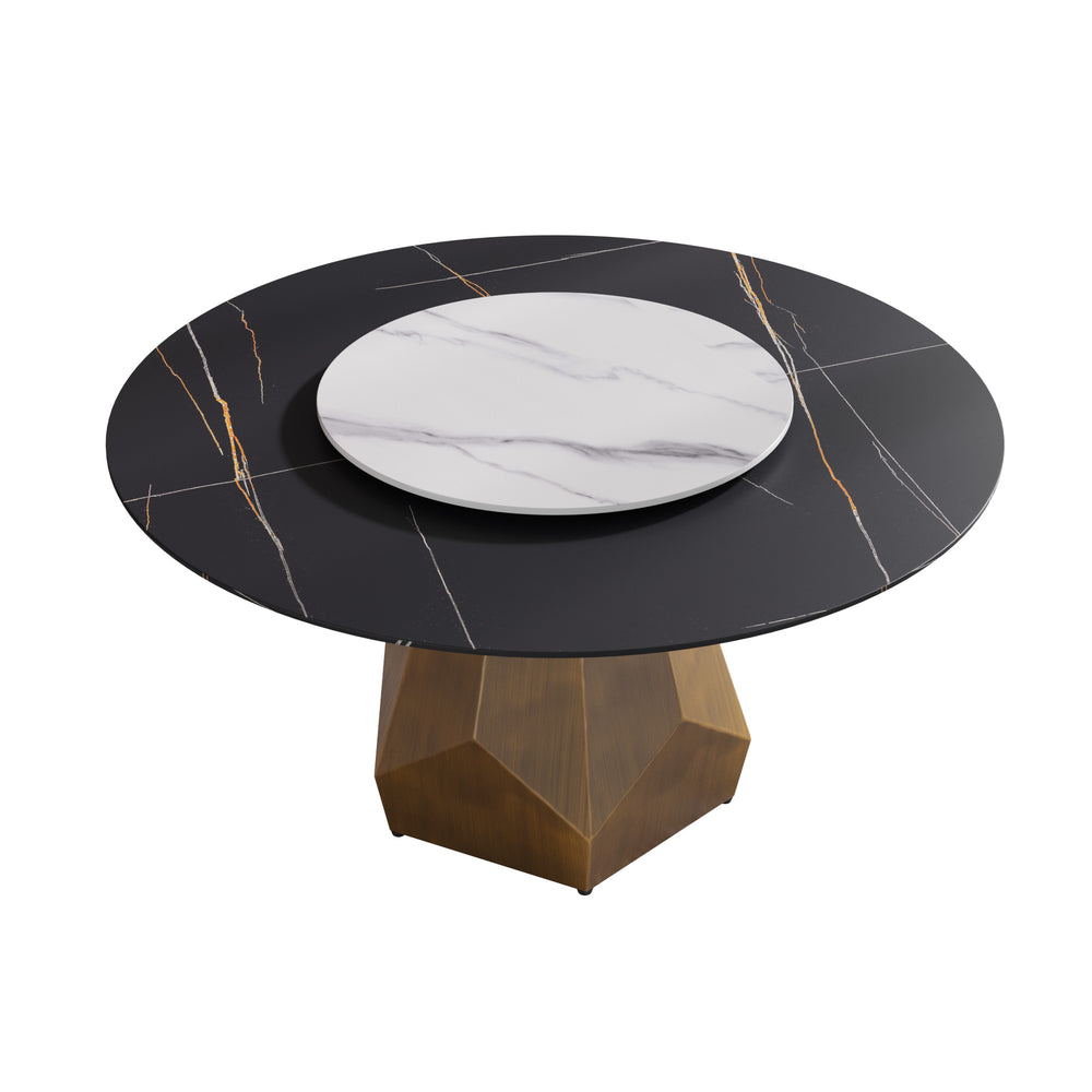 English Elm 59.05" Round Marble Dining Table With Turntable - Seats 6-8, Stylish Metal Base & Easy-Clean Surface W1535S00375