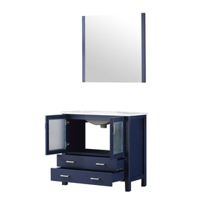English Elm Navy Blue Bath Vanity Set With White Ceramic Top, Soft-Close Storage & Matching 34" Mirror Included B2731S00727