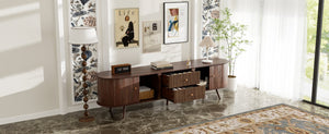 English Elm 70 Inch Mid Century Media Console with Tambour Doors Fluted Drawers and Wood Legs N710P419840P