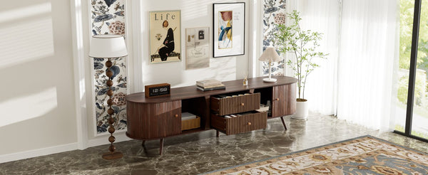 English Elm 70 Inch Mid Century Media Console with Tambour Doors Fluted Drawers and Wood Legs N710P419840P