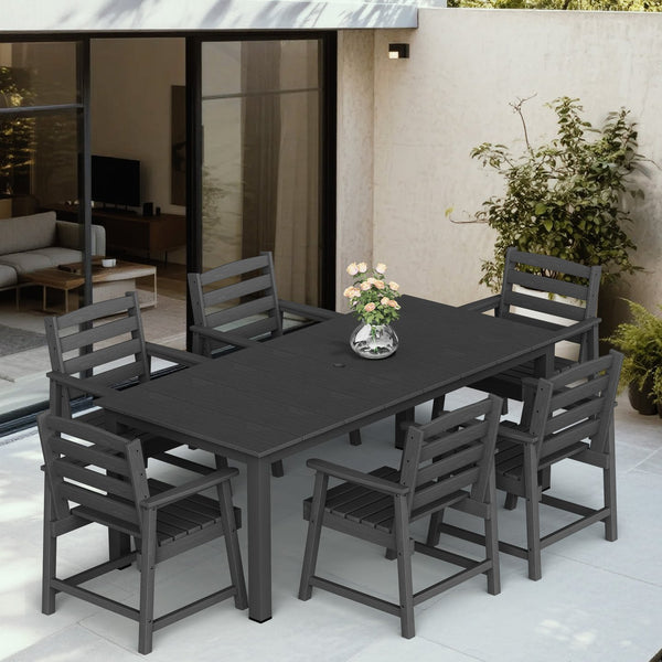 English Elm 7-piece Outdoor Dining Set with Spacious 75" HDPE Table, Aluminum Legs and Waterproof Chairs, Durable Black T3898S00001