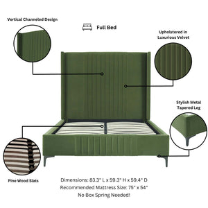 English Elm Promenade Luxurious Moss Green Velvet Full Bed With Stitched Headboard & Easy Assembly Features B365S00047-GIGA