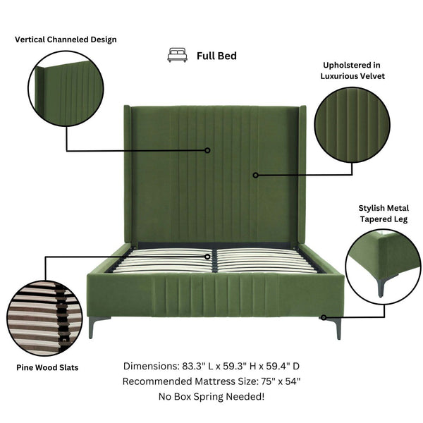 English Elm Promenade Luxurious Moss Green Velvet Full Bed With Stitched Headboard & Easy Assembly Features B365S00047-GIGA
