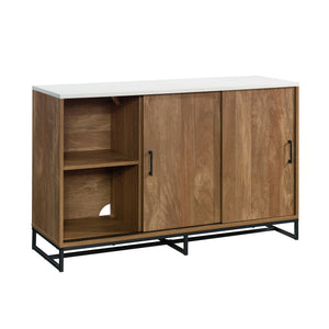English Elm Credenza, Versatile Brown Finish Storage Cabinet With Adjustable Shelves & Modern Metal Base B356P402725